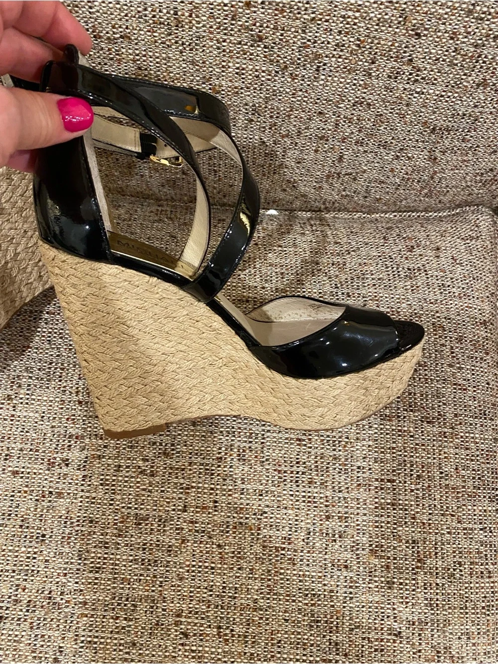 Michael Kors Black Patent Espadrille Platform Wedge Sandals